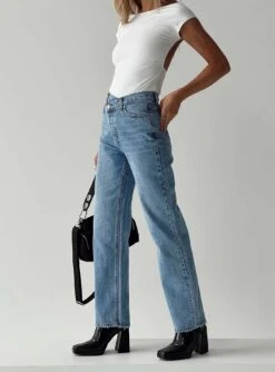 Princess Polly Holly Asymmetric Straight Leg Jean Light Wash Denim