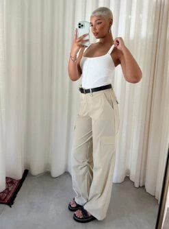 Princess Polly Pegley Nylon Cargo Pants Beige