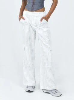 Princess Polly Luna Mid Rise Cargo Pants White Pinstripe