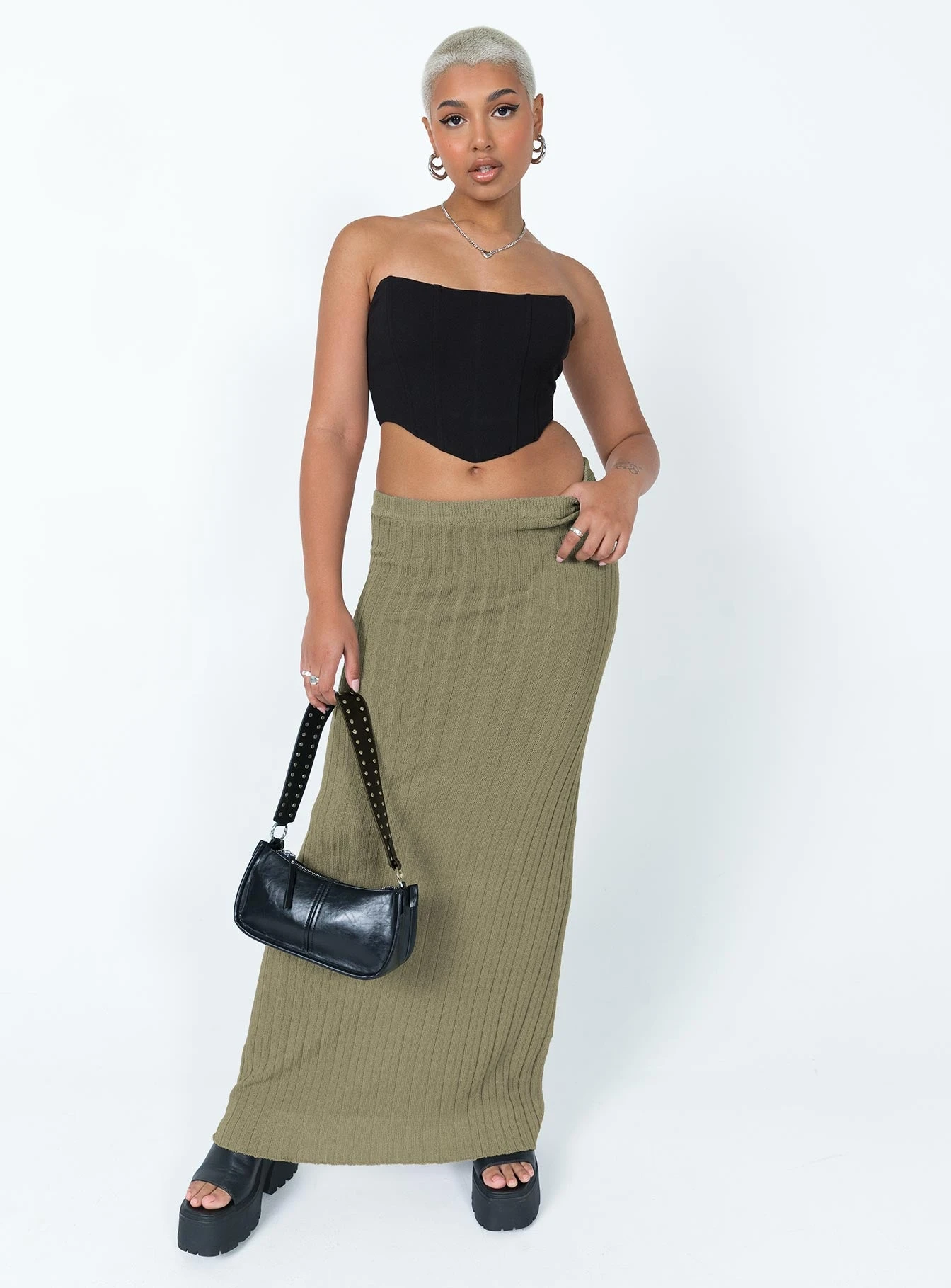 Princess Polly Belle Knit Maxi Skirt Khaki 2 Princess Polly Belle Knit Maxi Skirt Khaki - Image 2