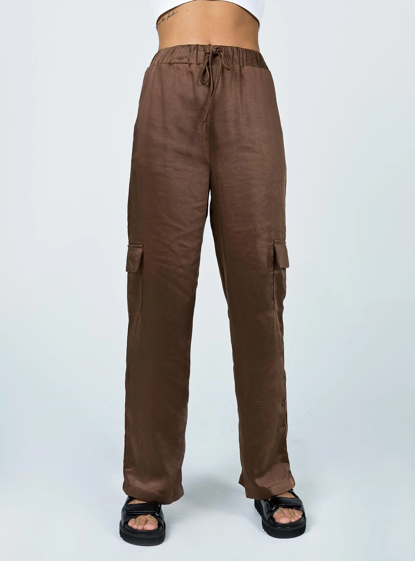 Princess Polly Shannon Satin Cargo Pant Brown 1 Princess Polly Shannon Satin Cargo Pant Brown