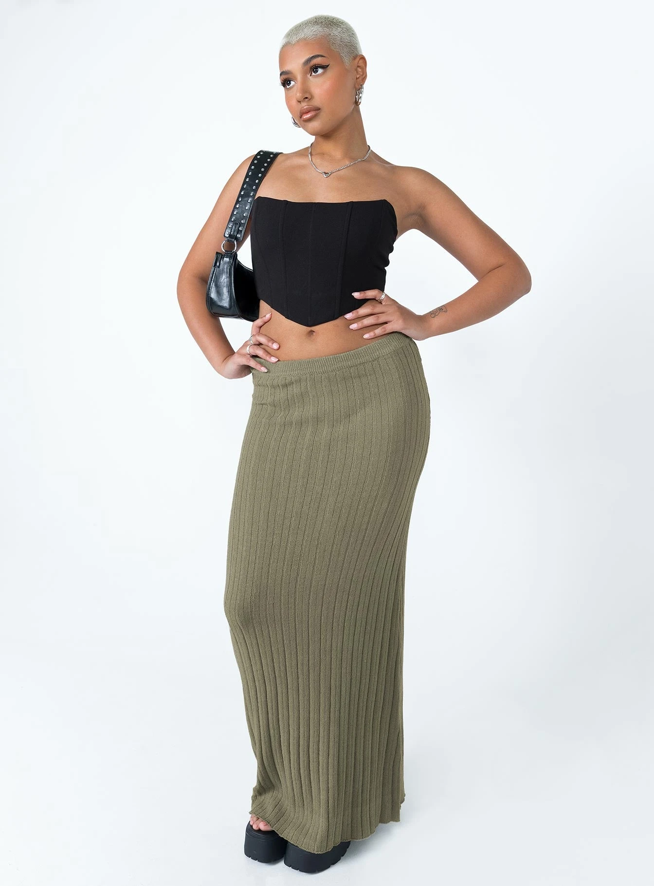 Princess Polly Belle Knit Maxi Skirt Khaki 3 Princess Polly Belle Knit Maxi Skirt Khaki - Image 3