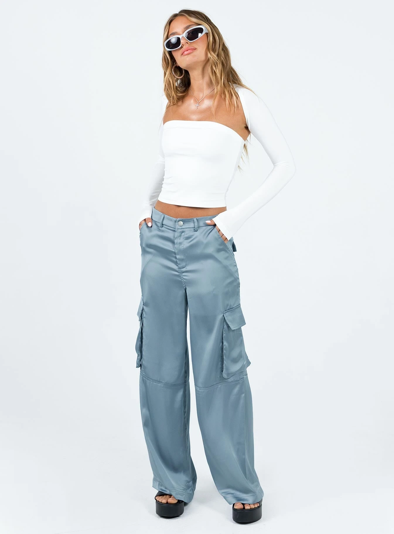Zora Satin Cargo Pant Blue 2 Zora Satin Cargo Pant Blue - Image 2