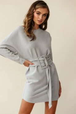 Lorelei Long Sleeve Wide Belt Knit Dress Grey 11 Lorelei Long Sleeve Wide Belt Knit Dress Grey -Chic Clothing Shop 27203b grey 190731sl 1196 1