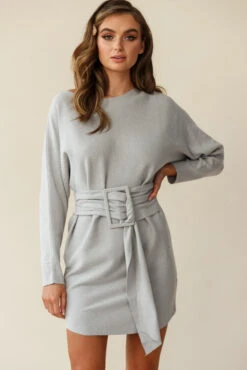 Lorelei Long Sleeve Wide Belt Knit Dress Grey 10 Lorelei Long Sleeve Wide Belt Knit Dress Grey -Chic Clothing Shop 27203b grey 190731sl 1200 1