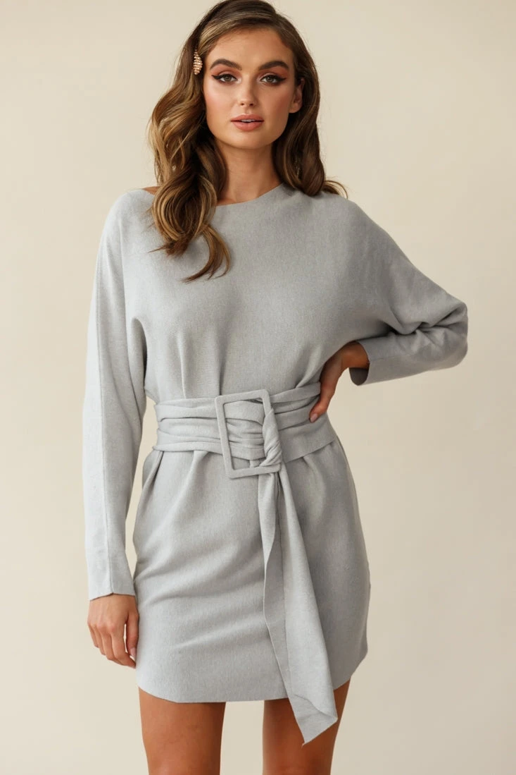 Lorelei Long Sleeve Wide Belt Knit Dress Grey 4 Lorelei Long Sleeve Wide Belt Knit Dress Grey - Image 4