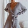 Shooting Star Long Sleeve Side Tie Knit Dress Grey
