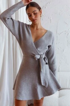 Shooting Star Long Sleeve Side Tie Knit Dress Grey -Chic Clothing Shop 27271D GREY 5