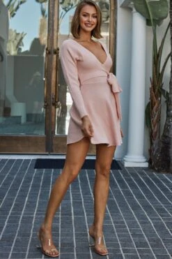 Shooting Star Long Sleeve Side Tie Knit Dress Pink -Chic Clothing Shop 27271D PINK 2