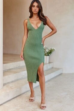 Mi Amore V-Neckline Front Split Ribbed Knit Midi Dress Sage -Chic Clothing Shop 27703D SAGE 2