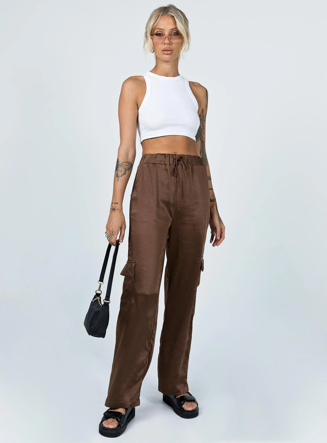 Princess Polly Shannon Satin Cargo Pant Brown 2 Princess Polly Shannon Satin Cargo Pant Brown - Image 2