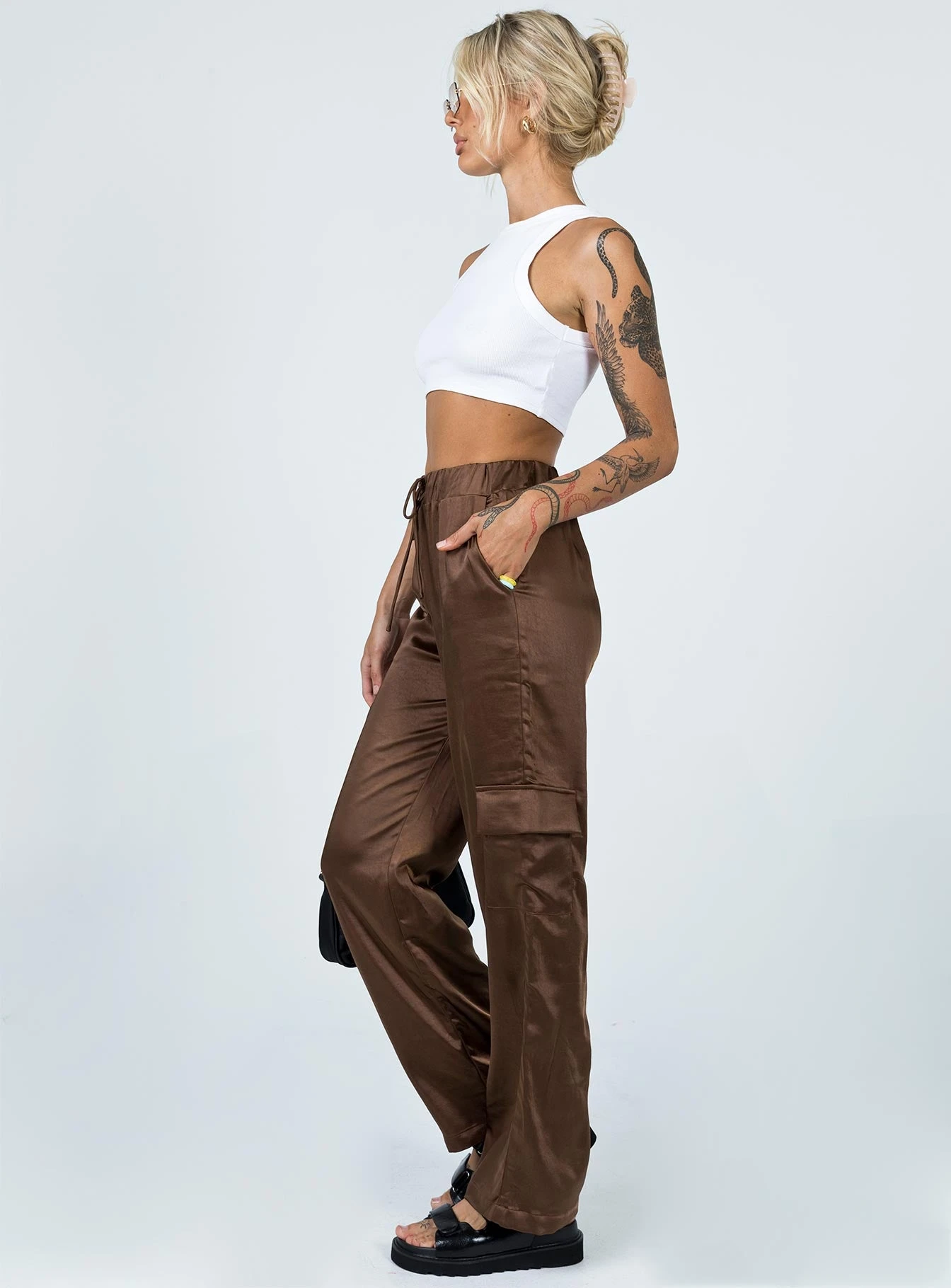 Princess Polly Shannon Satin Cargo Pant Brown 3 Princess Polly Shannon Satin Cargo Pant Brown - Image 3