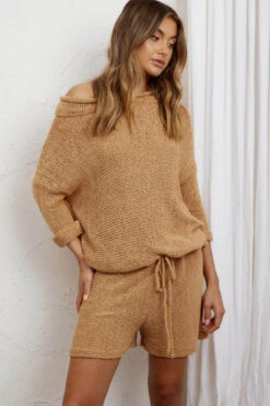 Amris Off-Shoulder Long Sleeve Knit Romper Camel -Chic Clothing Shop 48322L 20CAMEL 1