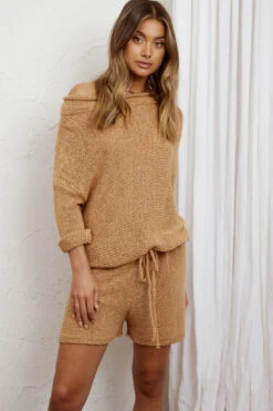 Amris Off-Shoulder Long Sleeve Knit Romper Camel -Chic Clothing Shop 48322L 20CAMEL 4