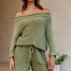 Amris Off-Shoulder Long Sleeve Knit Romper Khaki