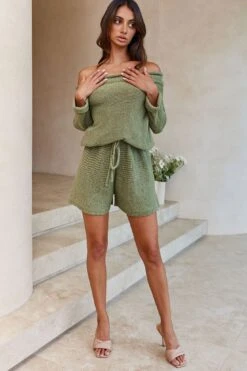 Amris Off-Shoulder Long Sleeve Knit Romper Khaki -Chic Clothing Shop 48322L 20KHAKI 2