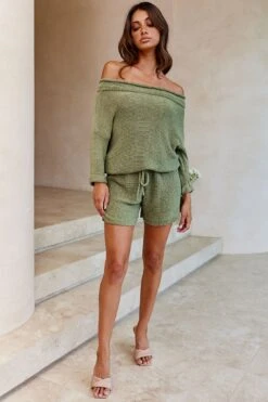 Amris Off-Shoulder Long Sleeve Knit Romper Khaki -Chic Clothing Shop 48322L 20KHAKI 4