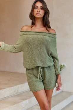 Amris Off-Shoulder Long Sleeve Knit Romper Khaki -Chic Clothing Shop 48322L 20KHAKI 6