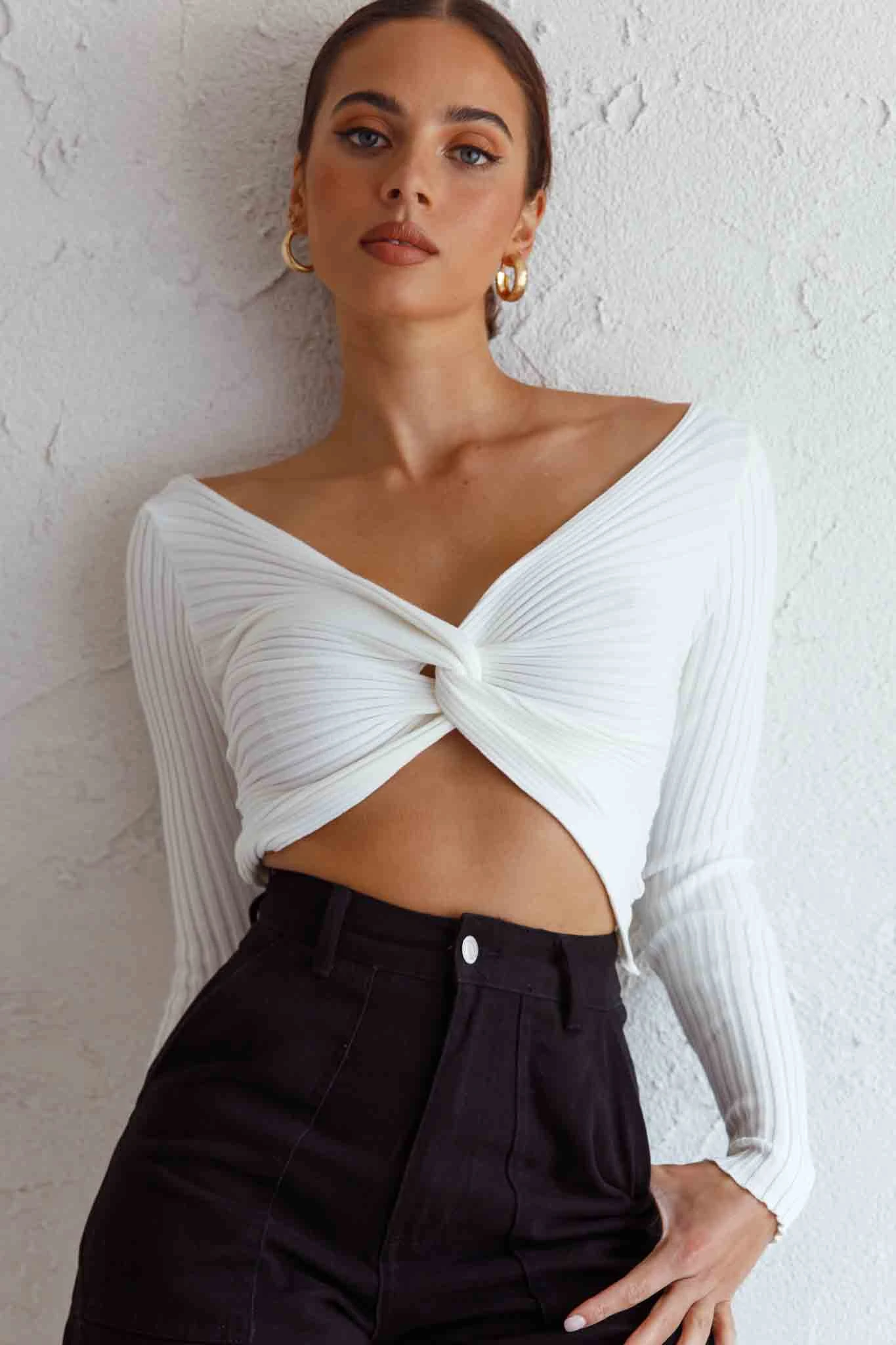 Dream Weaver Long Sleeve Twist Bust Crop Top White 1 Dream Weaver Long Sleeve Twist Bust Crop Top White
