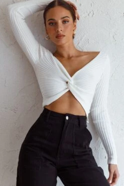 Dream Weaver Long Sleeve Twist Bust Crop Top White 13 Dream Weaver Long Sleeve Twist Bust Crop Top White -Chic Clothing Shop 71023D WHITE 7