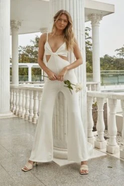 Bellagio Flared Leg Ribbed Knit Jumpsuit White 10 Bellagio Flared Leg Ribbed Knit Jumpsuit White -Chic Clothing Shop CM1435B WHITE 5