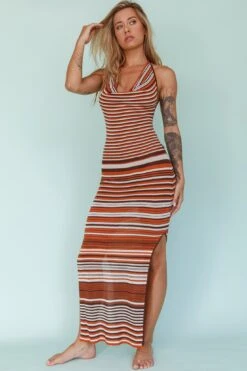 Azure Shores Knit Midi Dress Striped Tan