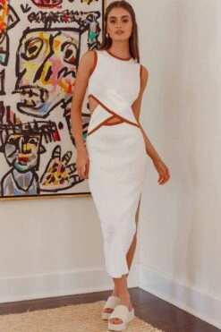 Olivea Cut-Out Waist Knit Midi Dress White 9 Olivea Cut-Out Waist Knit Midi Dress White -Chic Clothing Shop ME0089B 20WHITE 4