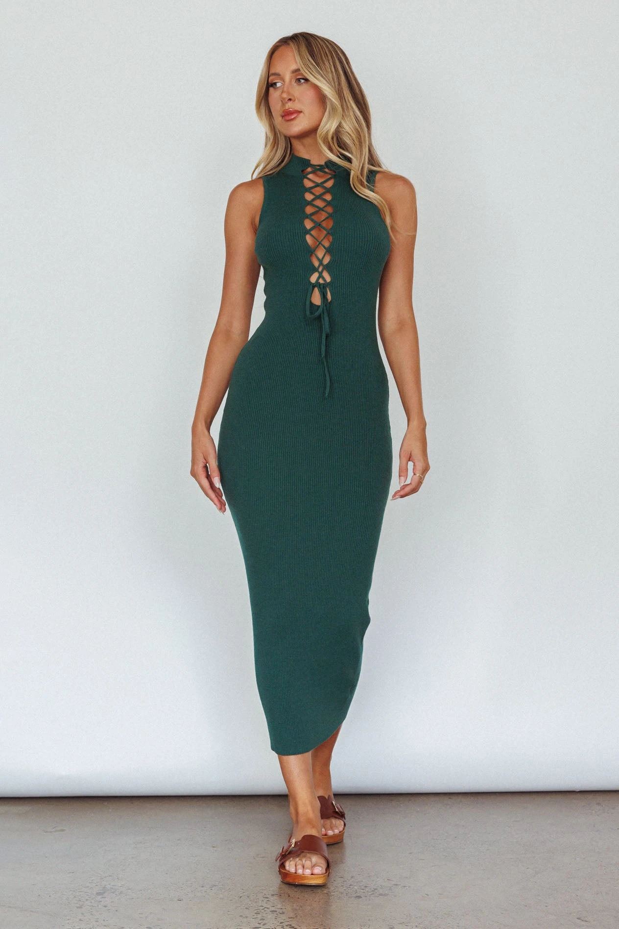 Brand New Day Lace-Up Bust Knit Midi Dress Emerald 4 Brand New Day Lace-Up Bust Knit Midi Dress Emerald - Image 4
