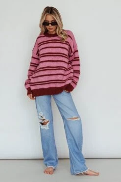 Jona Relaxed Knit Sweater Striped Pink