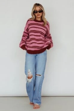 Jona Relaxed Knit Sweater Striped Pink -Chic Clothing Shop ST3944D 20PINK 5