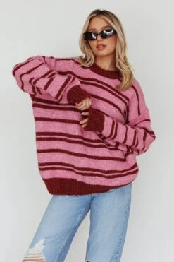 Jona Relaxed Knit Sweater Striped Pink -Chic Clothing Shop ST3944D 20PINK 6