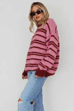 Jona Relaxed Knit Sweater Striped Pink -Chic Clothing Shop ST3944D 20PINK 8