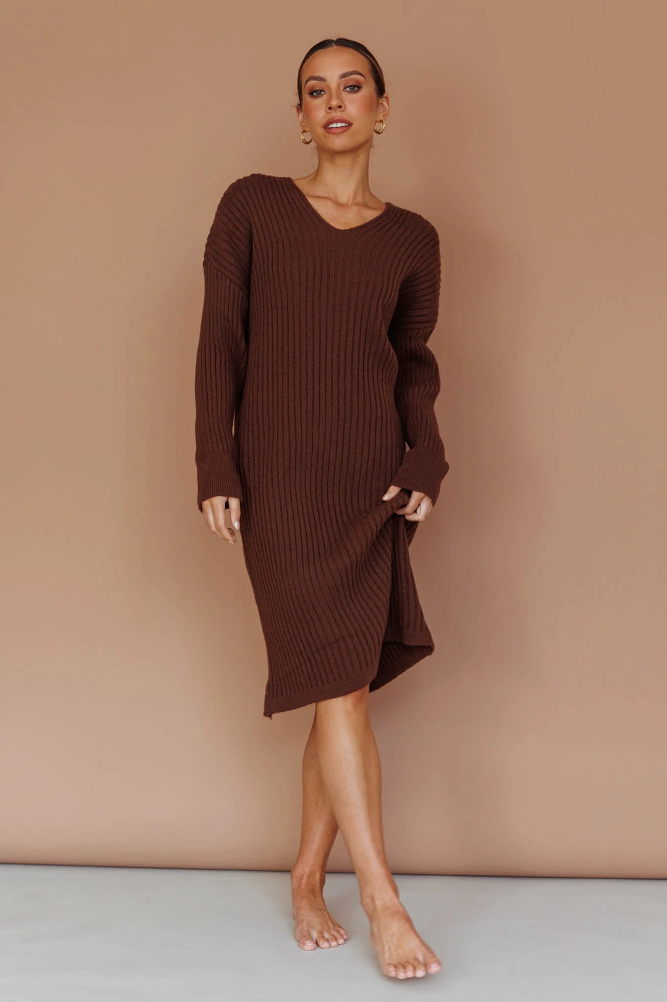 Autumn Hooded Sweater Midi Dress Chocolate 3 Autumn Hooded Sweater Midi Dress Chocolate - Image 3