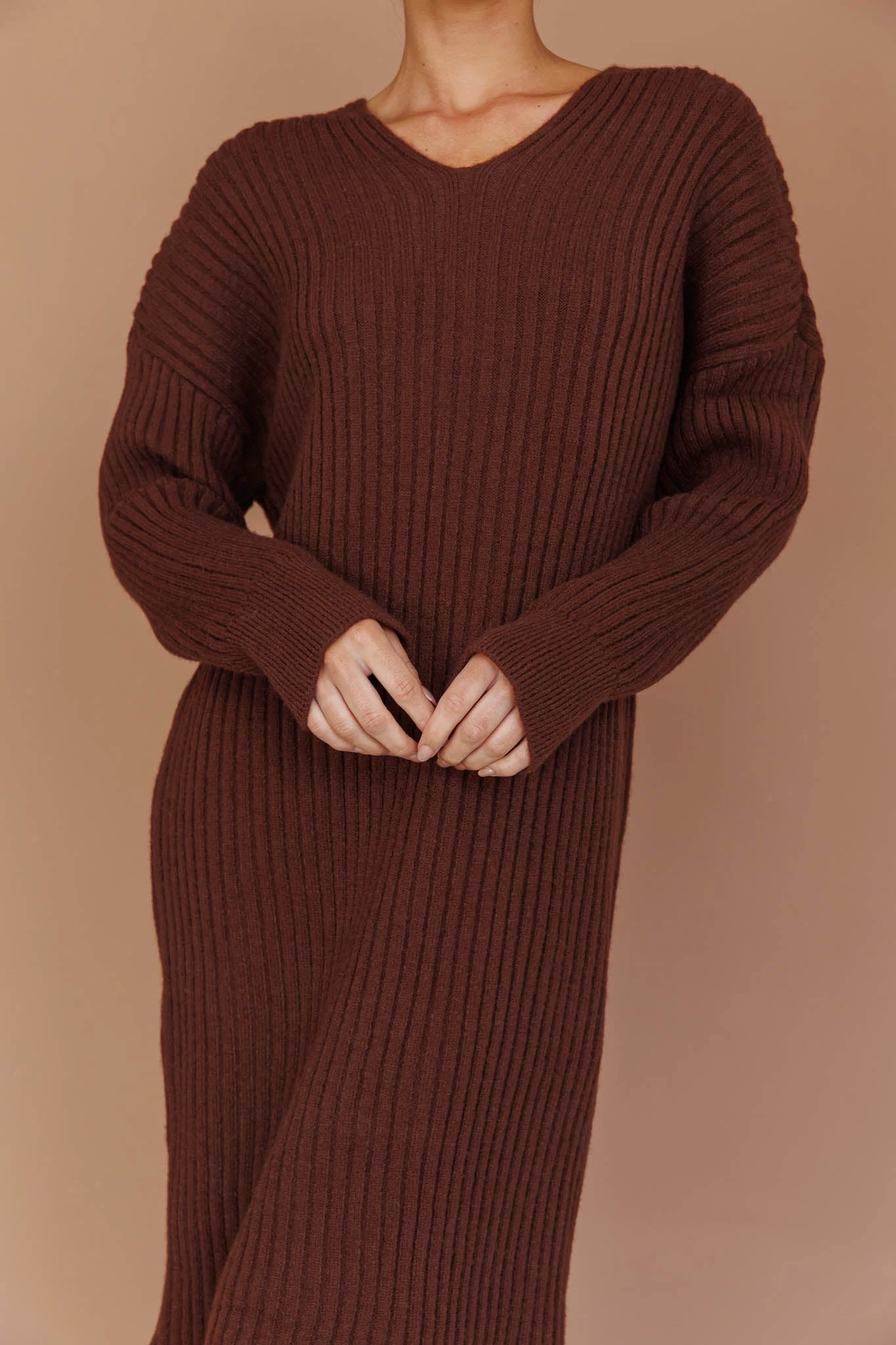 Autumn Hooded Sweater Midi Dress Chocolate 4 Autumn Hooded Sweater Midi Dress Chocolate - Image 4