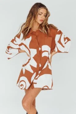Nalani Button Up Knit Shirt Dress Chocolate/Beige
