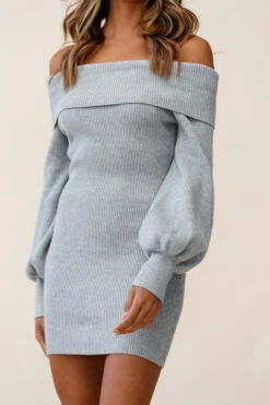 Runaway Off Shoulder Balloon Sleeve Knit Dress Grey -Chic Clothing Shop al1126b01 grey 190910sl1472