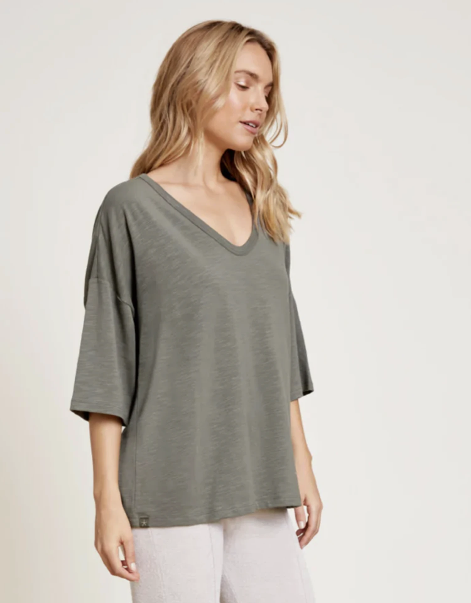 Barefoot Dreams Slub Jersey V-Neck Boxy Tee Olive Branch 1 Barefoot Dreams Slub Jersey V-Neck Boxy Tee Olive Branch
