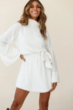 Kiara High Neck Kimono Sleeve Knit Dress White -Chic Clothing Shop cm0148d white 190903sl0676