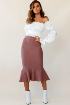 Shalon Ribbed Knit Fluted Hem Midi Skirt Antique Rose -Chic Clothing Shop qs17164b01 white 14502b antique rose 190806sl17255