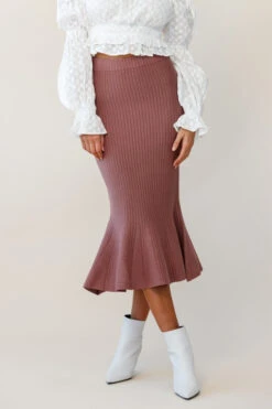 Shalon Ribbed Knit Fluted Hem Midi Skirt Antique Rose -Chic Clothing Shop qs17164b01 white 14502b antique rose 190806sl17258