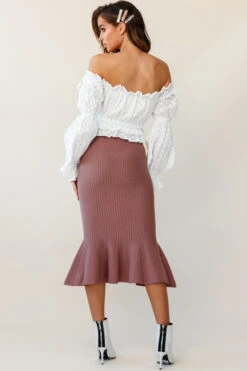Shalon Ribbed Knit Fluted Hem Midi Skirt Antique Rose -Chic Clothing Shop qs17164b01 white 14502b antique rose 190806sl17268