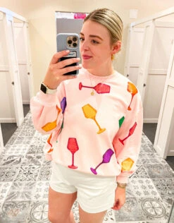 Queen Of Sparkles Light Pink Wine Glass Sweatshirt