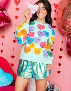 Queen Of Sparkles Mint Fuzzy Candy Heart Queen Sweatshirt