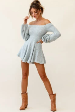 Morais Puff Sleeve Off Shoulder Fit And Flare Sweater Dress Grey